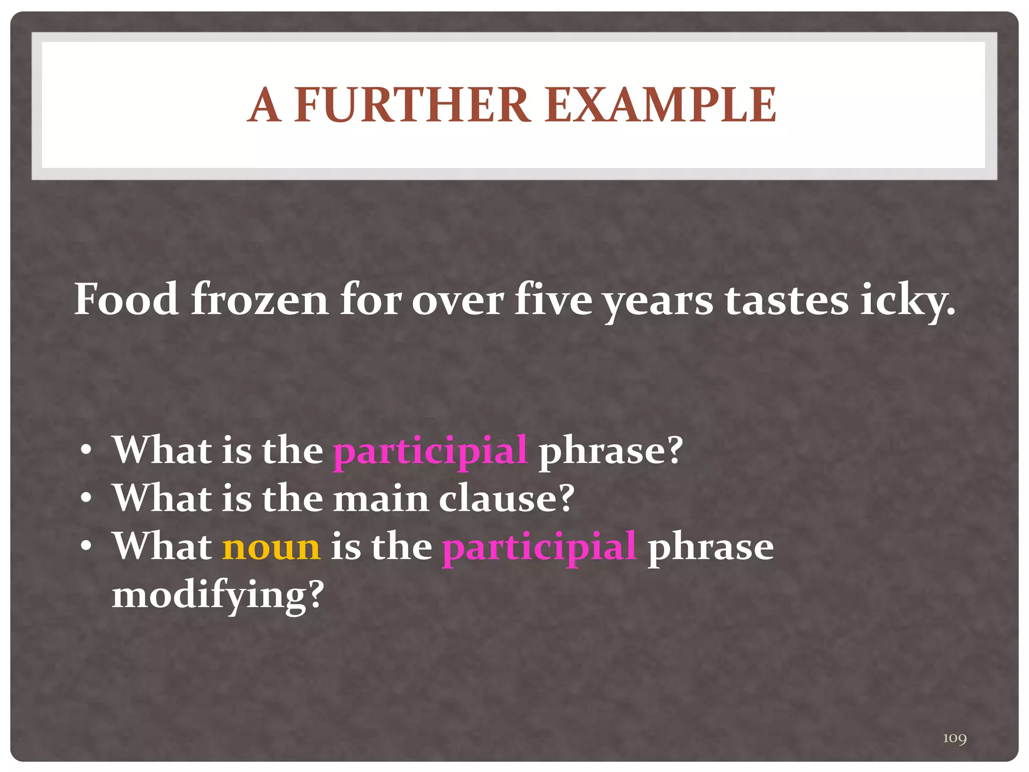 A FURTHER EXAMPLE
109
Food frozen for over five years tastes icky.
• What is the participial phrase?
• What is the main clause?
• What noun is the participial phrase
modifying?
 