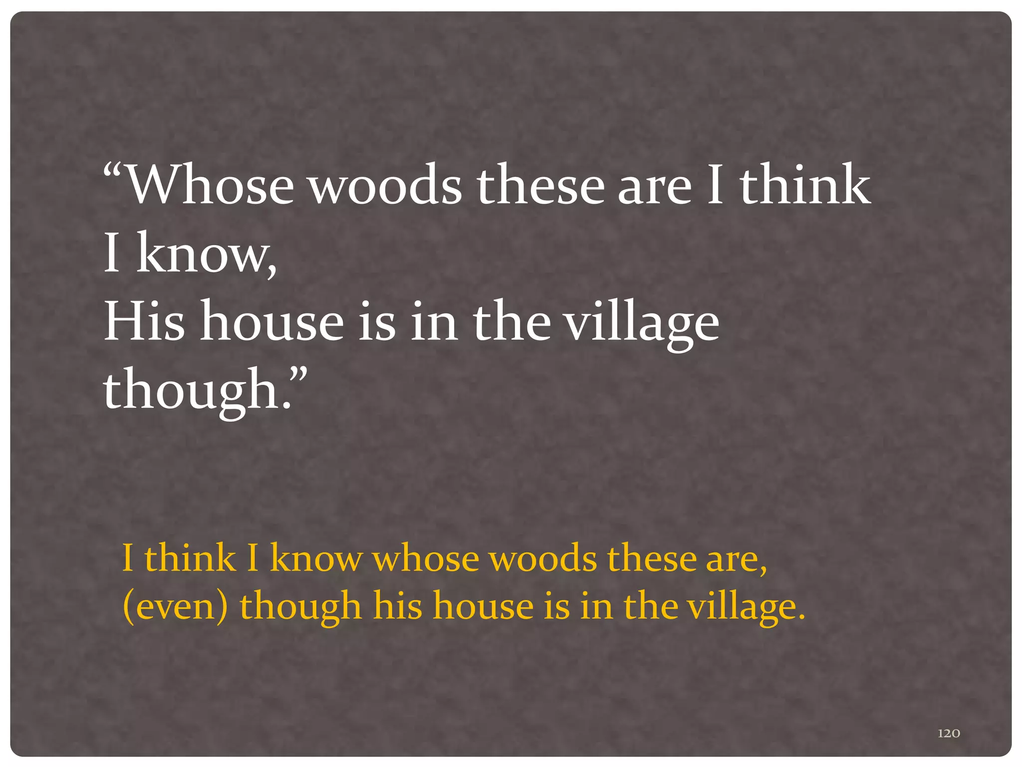 120
“Whose woods these are I think
I know,
His house is in the village
though.”
I think I know whose woods these are,
(even) though his house is in the village.
 