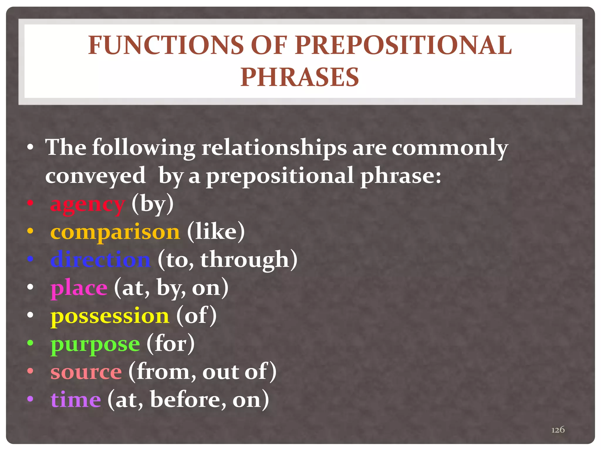 FUNCTIONS OF PREPOSITIONAL
PHRASES
126
• The following relationships are commonly
conveyed by a prepositional phrase:
• agency (by)
• comparison (like)
• direction (to, through)
• place (at, by, on)
• possession (of)
• purpose (for)
• source (from, out of)
• time (at, before, on)
 