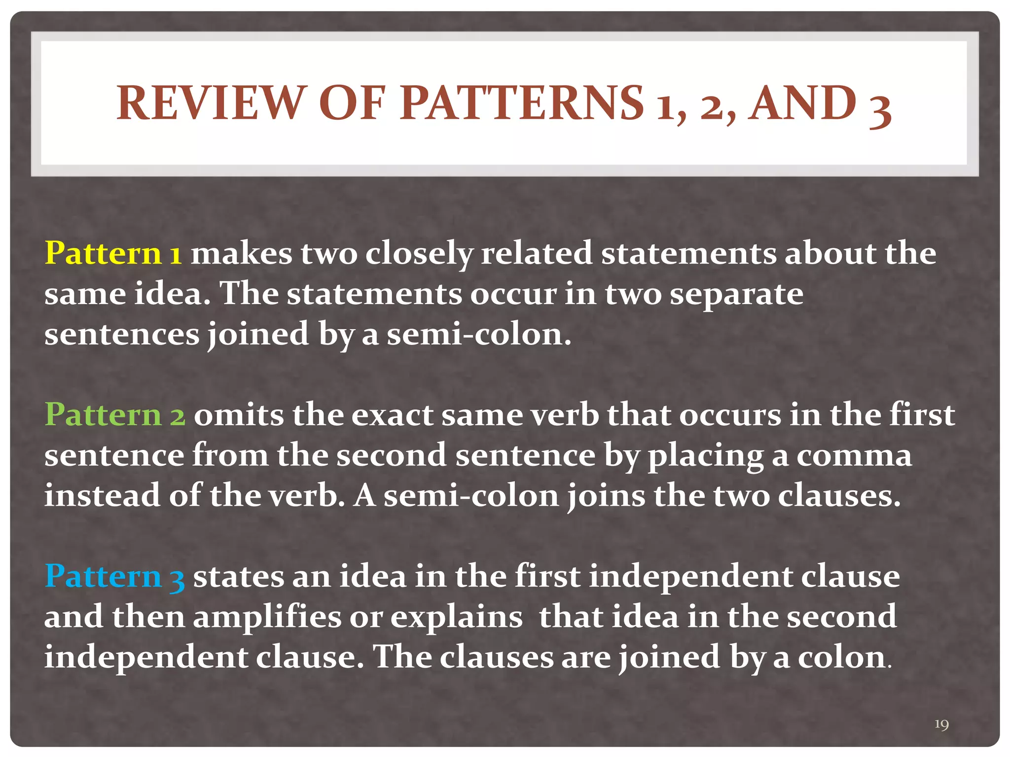 REVIEW OF PATTERNS 1, 2, AND 3
19
Pattern 1 makes two closely related statements about the
same idea. The statements occur in two separate
sentences joined by a semi-colon.
Pattern 2 omits the exact same verb that occurs in the first
sentence from the second sentence by placing a comma
instead of the verb. A semi-colon joins the two clauses.
Pattern 3 states an idea in the first independent clause
and then amplifies or explains that idea in the second
independent clause. The clauses are joined by a colon.
 
