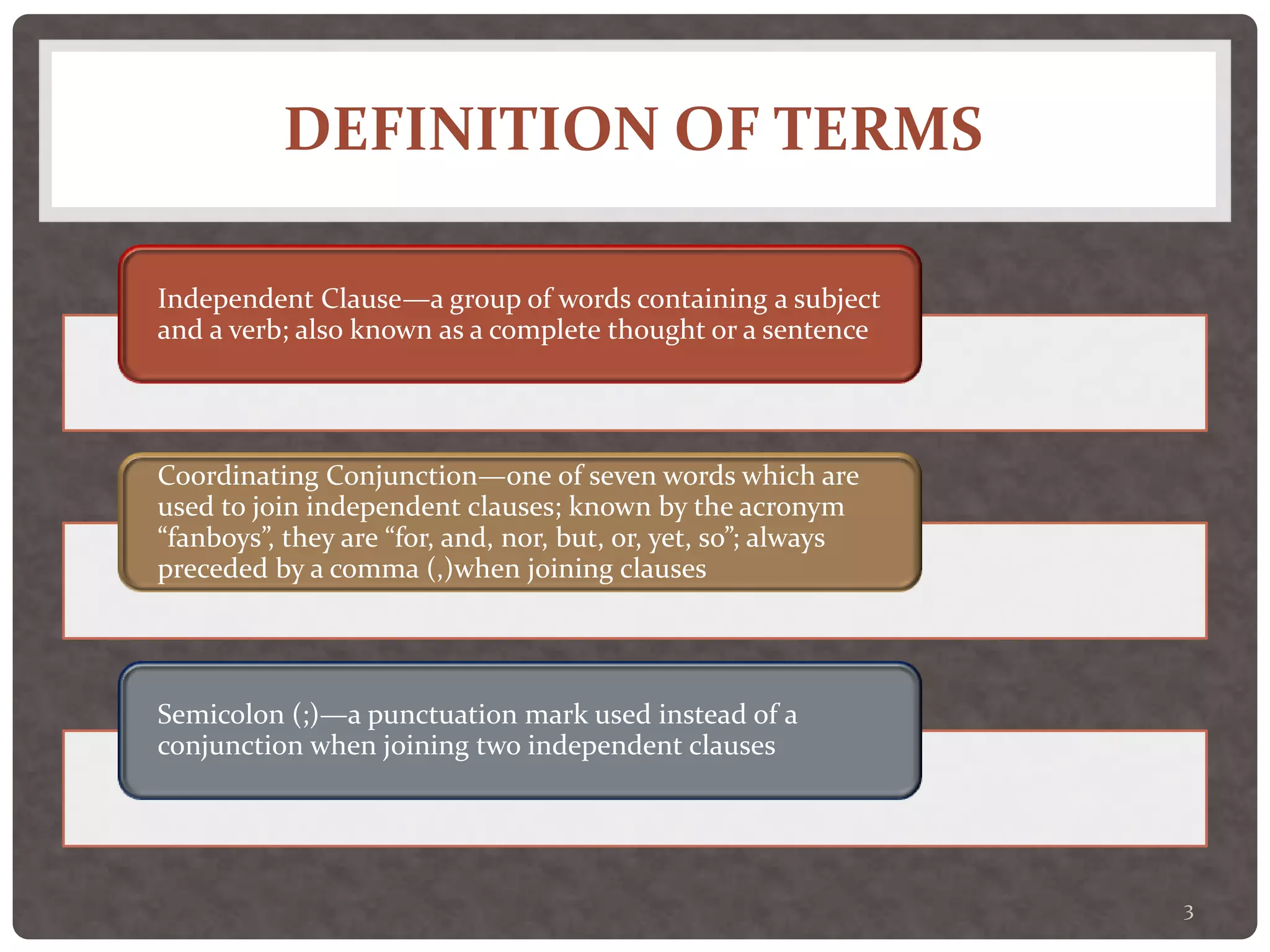 DEFINITION OF TERMS
Independent Clause—a group of words containing a subject
and a verb; also known as a complete thought or a sentence
Coordinating Conjunction—one of seven words which are
used to join independent clauses; known by the acronym
“fanboys”, they are “for, and, nor, but, or, yet, so”; always
preceded by a comma (,)when joining clauses
Semicolon (;)—a punctuation mark used instead of a
conjunction when joining two independent clauses
3
 