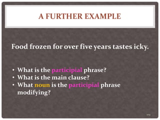 A FURTHER EXAMPLE
109
Food frozen for over five years tastes icky.
• What is the participial phrase?
• What is the main clause?
• What noun is the participial phrase
modifying?
 