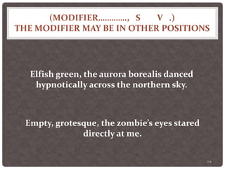(MODIFIER…………., S V .)
THE MODIFIER MAY BE IN OTHER POSITIONS
114
Elfish green, the aurora borealis danced
hypnotically across the northern sky.
Empty, grotesque, the zombie’s eyes stared
directly at me.
 