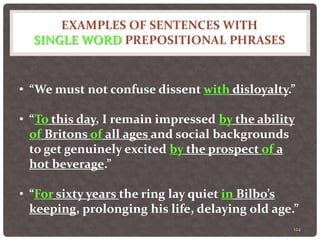 EXAMPLES OF SENTENCES WITH
SINGLE WORD PREPOSITIONAL PHRASES
124
• “We must not confuse dissent with disloyalty.”
• “To this day, I remain impressed by the ability
of Britons of all ages and social backgrounds
to get genuinely excited by the prospect of a
hot beverage.”
• “For sixty years the ring lay quiet in Bilbo’s
keeping, prolonging his life, delaying old age.”
 