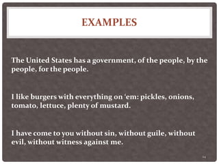 EXAMPLES
24
The United States has a government, of the people, by the
people, for the people.
I like burgers with everything on ‘em: pickles, onions,
tomato, lettuce, plenty of mustard.
I have come to you without sin, without guile, without
evil, without witness against me.
 