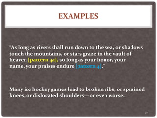 EXAMPLES
27
“As long as rivers shall run down to the sea, or shadows
touch the mountains, or stars graze in the vault of
heaven [pattern 4a], so long as your honor, your
name, your praises endure [pattern 4].”
Many ice hockey games lead to broken ribs, or sprained
knees, or dislocated shoulders—or even worse.
 