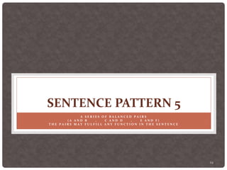 29
SENTENCE PATTERN 5
A S E R I E S O F B A L A N C E D P A I R S
( A A N D B , C A N D D , E A N D F )
T H E P A I R S M A Y F U L F I L L A N Y F U N C T I O N I N T H E S E N T E N C E
 