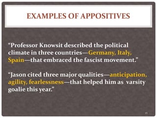 EXAMPLES OF APPOSITIVES
45
“Professor Knowsit described the political
climate in three countries—Germany, Italy,
Spain—that embraced the fascist movement.”
“Jason cited three major qualities—anticipation,
agility, fearlessness—that helped him as varsity
goalie this year.”
 