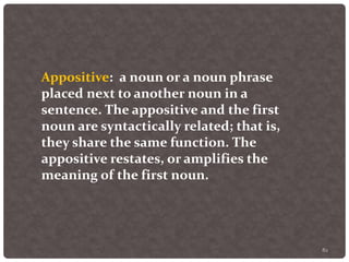 82
Appositive: a noun or a noun phrase
placed next to another noun in a
sentence. The appositive and the first
noun are syntactically related; that is,
they share the same function. The
appositive restates, or amplifies the
meaning of the first noun.
 