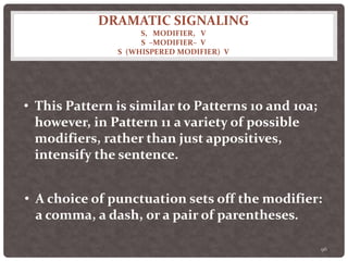 DRAMATIC SIGNALING
S, MODIFIER, V
S –MODIFIER– V
S (WHISPERED MODIFIER) V
96
• This Pattern is similar to Patterns 10 and 10a;
however, in Pattern 11 a variety of possible
modifiers, rather than just appositives,
intensify the sentence.
• A choice of punctuation sets off the modifier:
a comma, a dash, or a pair of parentheses.
 