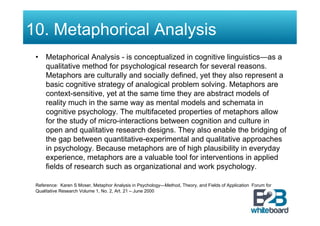 10. Metaphorical Analysis
 •  Metaphorical Analysis - is conceptualized in cognitive linguistics—as a
    qualitative method for psychological research for several reasons.
    Metaphors are culturally and socially defined, yet they also represent a
    basic cognitive strategy of analogical problem solving. Metaphors are
    context-sensitive, yet at the same time they are abstract models of
    reality much in the same way as mental models and schemata in
    cognitive psychology. The multifaceted properties of metaphors allow
    for the study of micro-interactions between cognition and culture in
    open and qualitative research designs. They also enable the bridging of
    the gap between quantitative-experimental and qualitative approaches
    in psychology. Because metaphors are of high plausibility in everyday
    experience, metaphors are a valuable tool for interventions in applied
    fields of research such as organizational and work psychology.

 Reference: Karen S Moser, Metaphor Analysis in Psychology—Method, Theory, and Fields of Application Forum for
 Qualitative Research Volume 1, No. 2, Art. 21 – June 2000
 