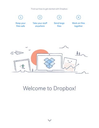 1 2 3 4
Welcome to Dropbox!
Keep your
files safe
Take your stuff
anywhere
Send large
files
Work on files
together
Find out how to get started with Dropbox:
 