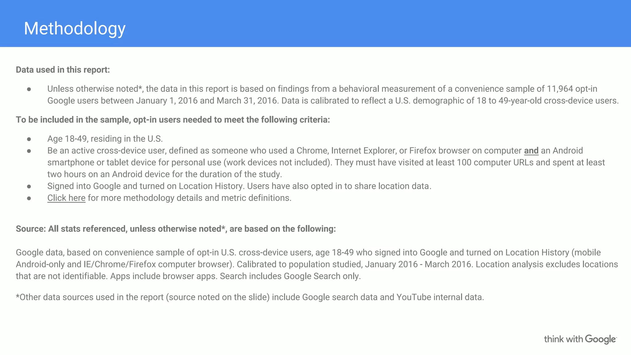 Methodology
Data used in this report:
● Unless otherwise noted*, the data in this report is based on findings from a behavioral measurement of a convenience sample of 11,964 opt-in
Google users between January 1, 2016 and March 31, 2016. Data is calibrated to reflect a U.S. demographic of 18 to 49-year-old cross-device users.
To be included in the sample, opt-in users needed to meet the following criteria:
● Age 18-49, residing in the U.S.
● Be an active cross-device user, defined as someone who used a Chrome, Internet Explorer, or Firefox browser on computer and an Android
smartphone or tablet device for personal use (work devices not included). They must have visited at least 100 computer URLs and spent at least
two hours on an Android device for the duration of the study.
● Signed into Google and turned on Location History. Users have also opted in to share location data.
● Click here for more methodology details and metric definitions.
Source: All stats referenced, unless otherwise noted*, are based on the following:
Google data, based on convenience sample of opt-in U.S. cross-device users, age 18-49 who signed into Google and turned on Location History (mobile
Android-only and IE/Chrome/Firefox computer browser). Calibrated to population studied, January 2016 - March 2016. Location analysis excludes locations
that are not identifiable. Apps include browser apps. Search includes Google Search only.
*Other data sources used in the report (source noted on the slide) include Google search data and YouTube internal data.
 