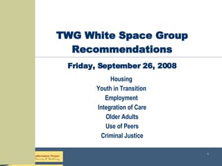 TWG White Space Group Recommendations Friday, September 26, 2008 Housing  Youth in Transition  Employment  Integration of Care Older Adults Use of Peers Criminal Justice 