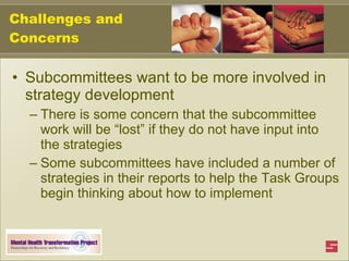 Challenges and Concerns Subcommittees want to be more involved in strategy development There is some concern that the subcommittee work will be “lost” if they do not have input into the strategies Some subcommittees have included a number of strategies in their reports to help the Task Groups begin thinking about how to implement 