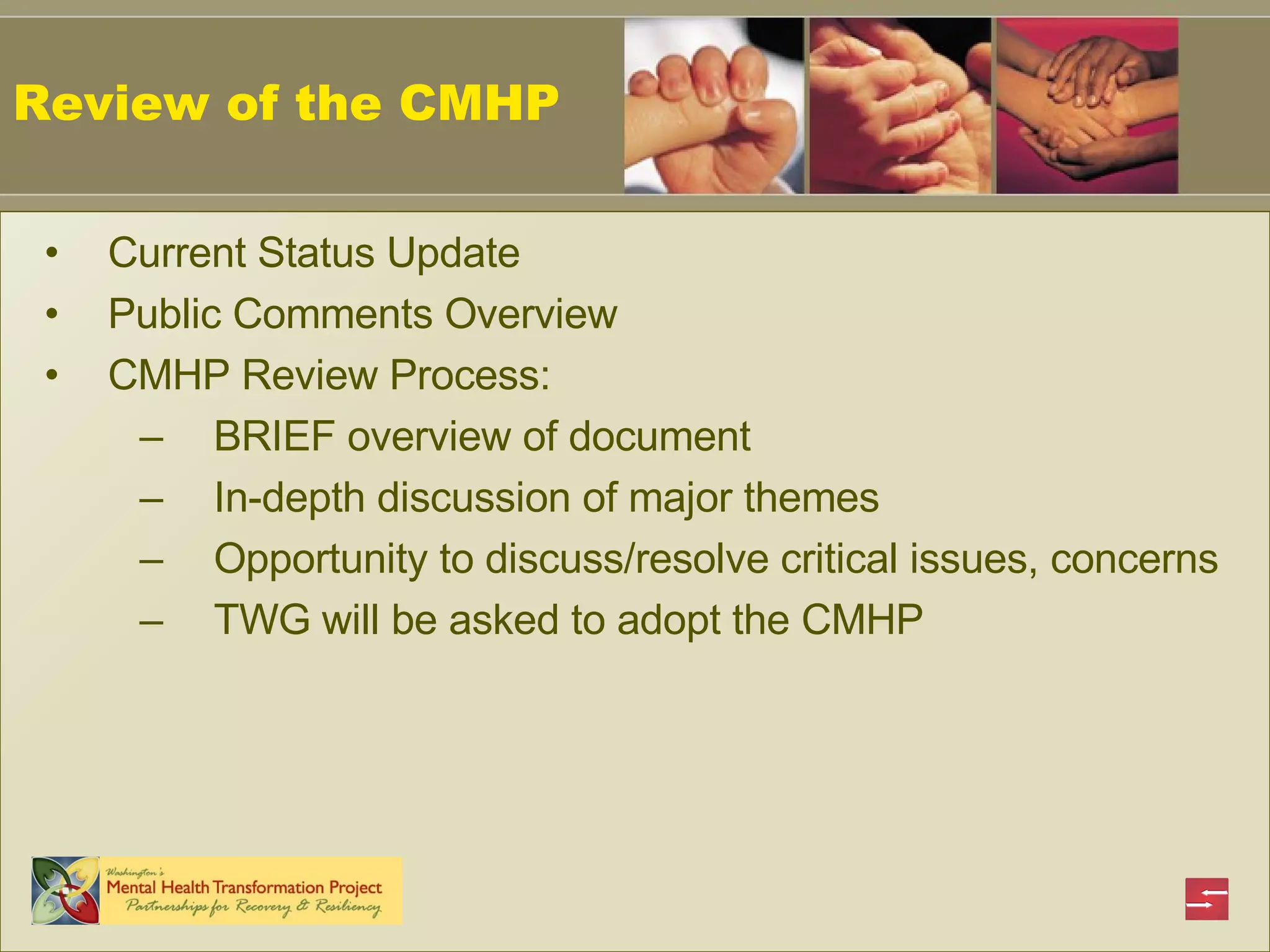 Current Status Update Public Comments Overview CMHP Review Process: BRIEF overview of document In-depth discussion of major themes Opportunity to discuss/resolve critical issues, concerns TWG will be asked to adopt the CMHP  Review of the CMHP 
