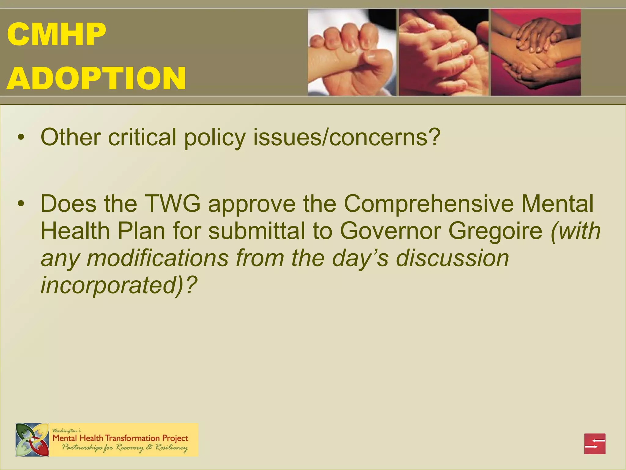 CMHP ADOPTION Other critical policy issues/concerns? Does the TWG approve the Comprehensive Mental Health Plan for submittal to Governor Gregoire  (with any modifications from the day’s discussion incorporated)? 