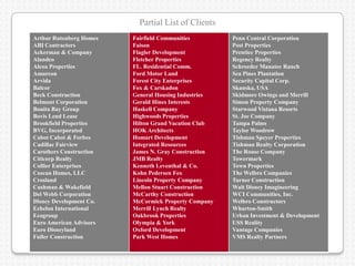 Partial List of Clients
Arthur Rutenberg Homes   Fairfield Communities        Penn Central Corporation
ABI Contractors          Faison                       Post Properties
Ackerman & Company       Flagler Development          Prentice Properties
Alandco                  Fletcher Properties          Regency Realty
Alcoa Properties         FL. Residential Comm.        Schroeder Manatee Ranch
Amurcon                  Ford Motor Land              Sea Pines Plantation
Arvida                   Forest City Enterprises      Security Capital Corp.
Balcor                   Fox & Carskadon              Skanska, USA
Beck Construction        General Housing Industries   Skidmore Owings and Merrill
Belmont Corporation      Gerald Hines Interests       Simon Property Company
Bonita Bay Group         Haskell Company              Starwood Vistana Resorts
Bovis Lend Lease         Highwoods Properties         St. Joe Company
Brookfield Properties    Hilton Grand Vacation Club   Tampa Palms
BVG, Incorporated        HOK Architects               Taylor Woodrow
Cabot Cabot & Forbes     Homart Development           Tishman Speyer Properties
Cadillac Fairview        Integrated Resources         Tishman Realty Corporation
Carothers Construction   James N. Gray Construction   The Rouse Company
Citicorp Realty          JMB Realty                   Towermark
Collier Enterprises      Kenneth Leventhal & Co.      Town Properties
Coscan Homes, LLC        Kohn Pedersen Fox            The Welbro Companies
Crosland                 Lincoln Property Company     Turner Construction
Cushman & Wakefield      Mellon Stuart Construction   Walt Disney Imagineering
Del Webb Corporation     McCarthy Construction        WCI Communities, Inc.
Disney Development Co.   McCormick Property Company   Welbro Constructors
Echelon International    Merrill Lynch Realty         Wharton-Smith
Ecogroup                 Oakbrook Properties          Urban Investment & Development
Euro American Advisors   Olympia & York               USS Reality
Euro Disneyland          Oxford Development           Vantage Companies
Fuller Construction      Park West Homes              VMS Realty Partners
 