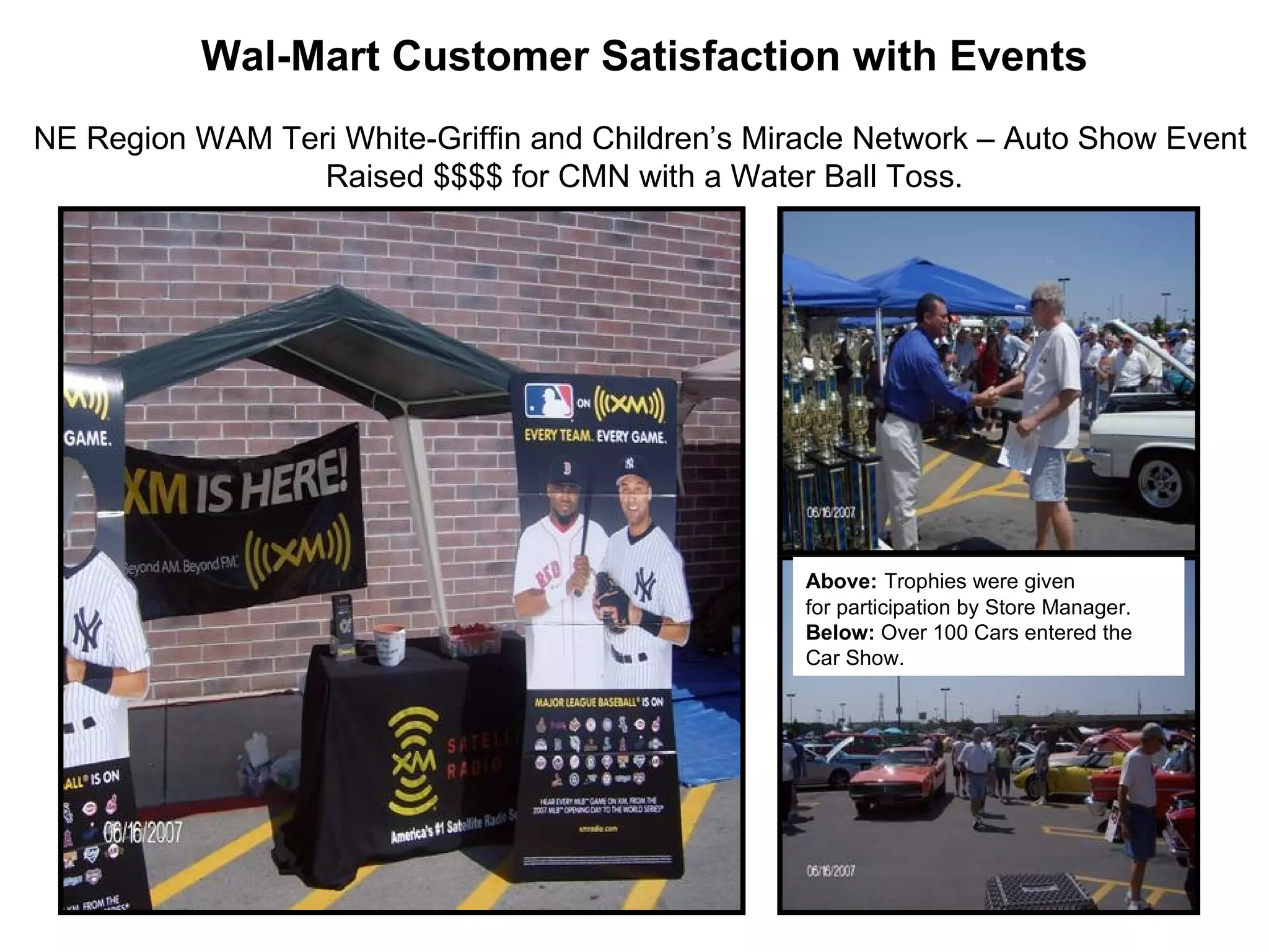 Wal-Mart Customer Satisfaction with Events NE Region WAM Teri White-Griffin and Children’s Miracle Network – Auto Show Event  Raised $$$$ for CMN with a Water Ball Toss. Above:   Trophies were given  for participation by Store Manager. Below:  Over 100 Cars entered the Car Show. 