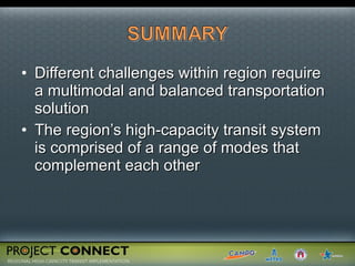 Different challenges within region require a multimodal and balanced transportation solution The region’s high-capacity transit system is comprised of a range of modes that complement each other 