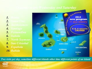 Departures are Wednesday and Saturday
1. Baltra
2. Santa Cruz
3. Bartholomew
4. Santiago
5. Fernandina
6. Isabela
7. North Seymour
8. San Cristobal
9. Española
10. Rabida
Two visits per day, sometime different islands other time different points of an island
 