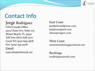 Contact Info
Jorge Rodriguez
USA/Canada Office
4014 Chase Ave, Suite 215
Miami Beach, FL 33140
Toll Free (877) 678-3772
Local Tel (305)-695-9618
Fax: (305) 534-9276
Email
australis@bellsouth.net
East Coast
janebehrend@mac.com
judyhurst@aol.com
ebean@rogers.com
West Coast
mottetmarketing@comcast.net
Bookings
erodela@australis.com
 