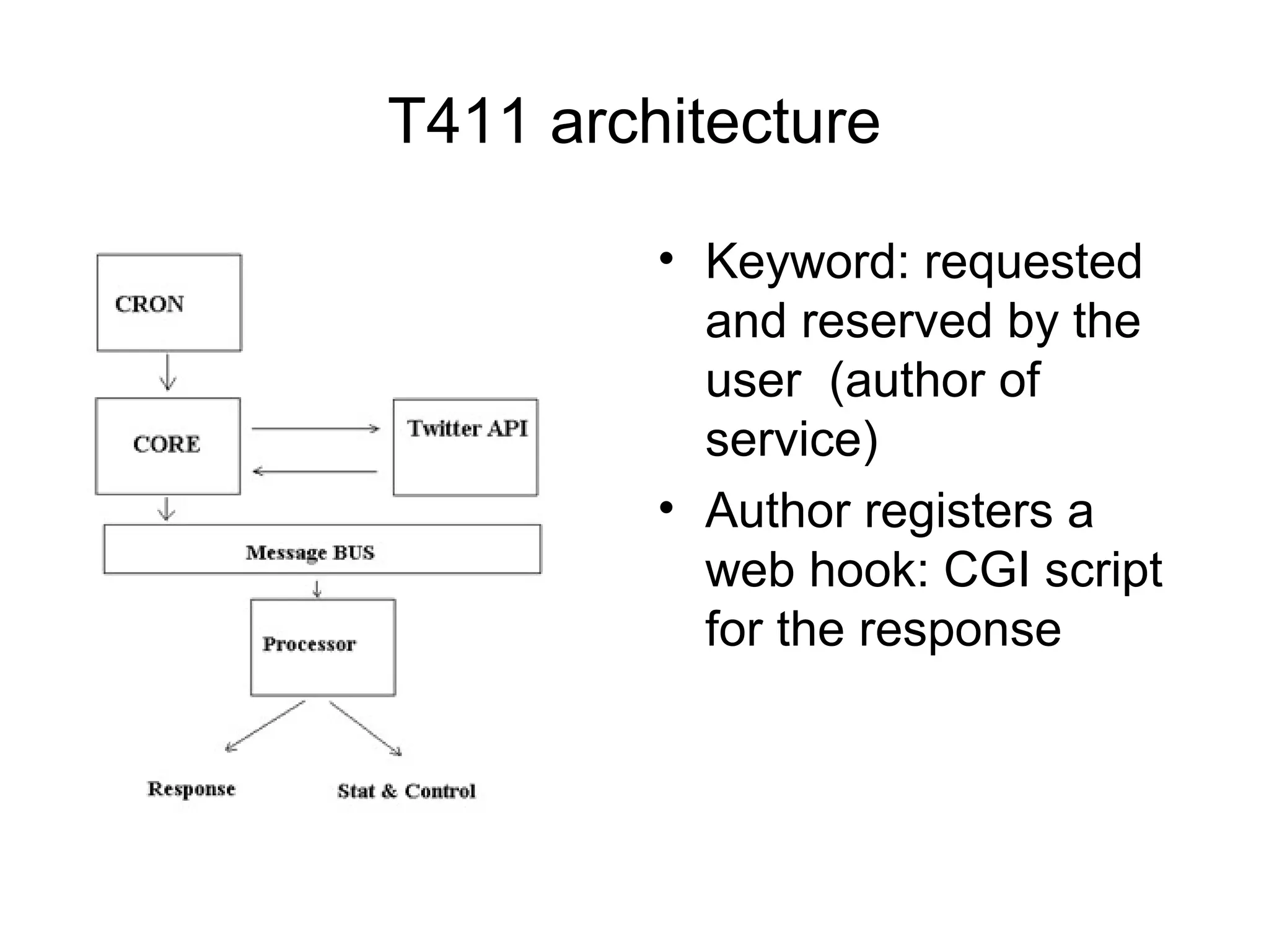 T411 architecture
• Keyword: requested
and reserved by the
user (author of
service)
• Author registers a
web hook: CGI script
for the response
 