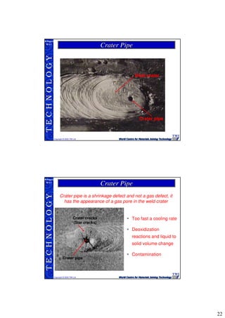 22
TECHNOLOGY
Copyright © 2005 TWI Ltd
WI 3.1
M.Rogers
Crater pipe
Weld crater
Crater PipeCrater Pipe
TECHNOLOGY
Copyright © 2005 TWI Ltd
WI 3.1
M.Rogers
Crater pipe is a shrinkage defect and not a gas defect, it
has the appearance of a gas pore in the weld crater
Too fast a cooling rate
Deoxidization
reactions and liquid to
solid volume change
Contamination
Crater cracks
(Star cracks)
Crater pipe
Crater PipeCrater Pipe
 
