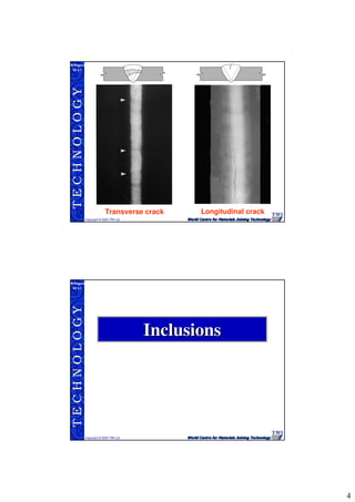 4
TECHNOLOGY
Copyright © 2005 TWI Ltd
WI 3.1
M.Rogers
Transverse crack Longitudinal crack
TECHNOLOGY
Copyright © 2005 TWI Ltd
WI 3.1
M.Rogers
InclusionsInclusions
 