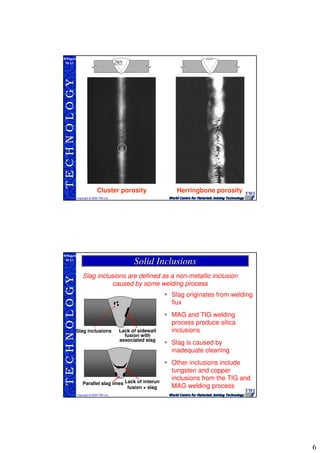 6
TECHNOLOGY
Copyright © 2005 TWI Ltd
WI 3.1
M.Rogers
Cluster porosity Herringbone porosity
TECHNOLOGY
Copyright © 2005 TWI Ltd
WI 3.1
M.Rogers
Slag originates from welding
flux
MAG and TIG welding
process produce silica
inclusions
Slag is caused by
inadequate cleaning
Other inclusions include
tungsten and copper
inclusions from the TIG and
MAG welding process
Slag inclusions are defined as a non-metallic inclusion
caused by some welding process
Slag inclusions
Parallel slag lines Lack of interun
fusion + slag
Lack of sidewall
fusion with
associated slag
Solid InclusionsSolid Inclusions
 