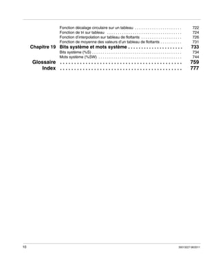 Fonction décalage circulaire sur un tableau . . . . . . . . . . . . . . . . . . . . . .
Fonction de tri sur tableau . . . . . . . . . . . . . . . . . . . . . . . . . . . . . . . . . . .
Fonction d’interpolation sur tableau de flottants . . . . . . . . . . . . . . . . . . .
Fonction de moyenne des valeurs d’un tableau de flottants . . . . . . . . . .

Chapitre 19 Bits système et mots système . . . . . . . . . . . . . . . . . . . . .

733

Bits système (%S) . . . . . . . . . . . . . . . . . . . . . . . . . . . . . . . . . . . . . . . . . .
Mots système (%SW) . . . . . . . . . . . . . . . . . . . . . . . . . . . . . . . . . . . . . . .

734
744

Glossaire . . . . . . . . . . . . . . . . . . . . . . . . . . . . . . . . . . . . . . . . . . .
Index . . . . . . . . . . . . . . . . . . . . . . . . . . . . . . . . . . . . . . . . . . .

10

722
724
726
731

759
777

35013227 06/2011

 