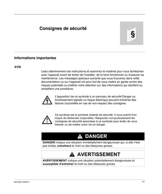 Consignes de sécurité

§

Informations importantes
AVIS
Lisez attentivement ces instructions et examinez le matériel pour vous familiariser
avec l’appareil avant de tenter de l’installer, de le faire fonctionner ou d’assurer sa
maintenance. Les messages spéciaux suivants que vous trouverez dans cette
documentation ou sur l’appareil ont pour but de vous mettre en garde contre des
risques potentiels ou d’attirer votre attention sur des informations qui clarifient ou
simplifient une procédure.

35013227 06/2011

11

 
