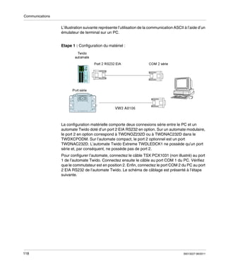 Communications

L’illustration suivante représente l’utilisation de la communication ASCII à l’aide d’un
émulateur de terminal sur un PC.
Etape 1 : Configuration du matériel :

La configuration matérielle comporte deux connexions série entre le PC et un
automate Twido doté d’un port 2 EIA RS232 en option. Sur un automate modulaire,
le port 2 en option correspond à TWDNOZ232D ou à TWDNAC232D dans le
TWDXCPODM. Sur l’automate compact, le port 2 optionnel est un port
TWDNAC232D. L’automate Twido Extreme TWDLEDCK1 ne possède qu’un port
série et, par conséquent, ne possède pas de port 2.
Pour configurer l’automate, connectez le câble TSX PCX1031 (non illustré) au port
1 de l’automate Twido. Connectez ensuite le câble au port COM 1 du PC. Vérifiez
que le commutateur est en position 2. Enfin, connectez le port COM 2 du PC au port
2 EIA RS232 de l’automate Twido. Le schéma de câblage est présenté à l’étape
suivante.

118

35013227 06/2011

 