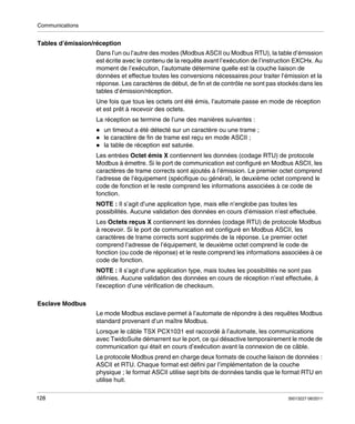Communications

Tables d’émission/réception
Dans l’un ou l’autre des modes (Modbus ASCII ou Modbus RTU), la table d’émission
est écrite avec le contenu de la requête avant l’exécution de l’instruction EXCHx. Au
moment de l’exécution, l’automate détermine quelle est la couche liaison de
données et effectue toutes les conversions nécessaires pour traiter l’émission et la
réponse. Les caractères de début, de fin et de contrôle ne sont pas stockés dans les
tables d’émission/réception.
Une fois que tous les octets ont été émis, l’automate passe en mode de réception
et est prêt à recevoir des octets.
La réception se termine de l’une des manières suivantes :
un timeout a été détecté sur un caractère ou une trame ;
le caractère de fin de trame est reçu en mode ASCII ;
la table de réception est saturée.
Les entrées Octet émis X contiennent les données (codage RTU) de protocole
Modbus à émettre. Si le port de communication est configuré en Modbus ASCII, les
caractères de trame corrects sont ajoutés à l’émission. Le premier octet comprend
l’adresse de l’équipement (spécifique ou général), le deuxième octet comprend le
code de fonction et le reste comprend les informations associées à ce code de
fonction.
NOTE : Il s’agit d’une application type, mais elle n’englobe pas toutes les
possibilités. Aucune validation des données en cours d’émission n’est effectuée.
Les Octets reçus X contiennent les données (codage RTU) de protocole Modbus
à recevoir. Si le port de communication est configuré en Modbus ASCII, les
caractères de trame corrects sont supprimés de la réponse. Le premier octet
comprend l’adresse de l’équipement, le deuxième octet comprend le code de
fonction (ou code de réponse) et le reste comprend les informations associées à ce
code de fonction.
NOTE : Il s’agit d’une application type, mais toutes les possibilités ne sont pas
définies. Aucune validation des données en cours de réception n’est effectuée, à
l’exception d’une vérification de checksum.
Esclave Modbus
Le mode Modbus esclave permet à l’automate de répondre à des requêtes Modbus
standard provenant d’un maître Modbus.
Lorsque le câble TSX PCX1031 est raccordé à l’automate, les communications
avec TwidoSuite démarrent sur le port, ce qui désactive temporairement le mode de
communication qui était en cours d’exécution avant la connexion de ce câble.
Le protocole Modbus prend en charge deux formats de couche liaison de données :
ASCII et RTU. Chaque format est défini par l’implémentation de la couche
physique ; le format ASCII utilise sept bits de données tandis que le format RTU en
utilise huit.
128

35013227 06/2011

 