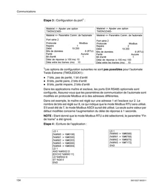 Communications

Etape 3 : Configuration du port1 :

1Les

options de configuration suivantes ne sont pas possibles pour l’automate
Twido Extreme (TWDLEDCK1) :
7 bits, pas de parité, 1 bit d’arrêt
8 bits, parité paire, 2 bits d’arrêt
8 bits, parité impaire, 2 bits d’arrêt
Dans les applications maître et esclave, les ports EIA RS485 optionnels sont
configurés. Assurez-vous que les paramètres de communication de l’automate sont
modifiés en protocole Modbus et à des adresses différentes.
Dans cet exemple, le maître est réglé sur une adresse 1 et l’esclave sur 2. Le
nombre de bits est réglé sur 8, ce qui indique que le mode Modbus RTU sera utilisé.
S’il avait été de 7, le mode Modbus ASCII aurait été utilisé. La seule autre valeur par
défaut modifiée concerne l’augmentation du délai de réponse à 1 seconde.
NOTE : Etant donné que le mode Modbus RTU a été sélectionné, le paramètre "Fin
de trame" a été ignoré.
Etape 4 : Ecriture de l’application :

134

35013227 06/2011

 