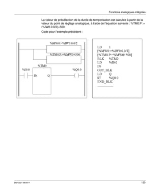 Fonctions analogiques intégrées

La valeur de présélection de la durée de temporisation est calculée à partir de la
valeur du point de réglage analogique, à l’aide de l’équation suivante : %TM0.P :=
(%IW0.0.0/2)+500.
Code pour l’exemple précédent :

35013227 06/2011

155

 