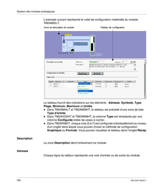 Gestion des modules analogiques

L’exemple suivant représente le volet de configuration matérielle du module
TM2AMI2LT.

Le tableau fournit des indications sur les éléments : Adresse, Symbole, Type,
Plage, Minimum, Maximum et Unités.
Dans TM2AMI4LT et TM2AMI8HT, le tableau est précédé d’une zone de liste
Type d’entrée.
Dans TM2AVO2HT et TM2AMI8HT, la colonne Type est remplacée par une
colonne Configurée dotée de cases à cocher.
Dans TM2ARI8HT, chaque voie (0 à 7) est configurée individuellement au niveau
d’un onglet dans lequel vous pouvez choisir la méthode de configuration
Graphique ou Formule. Vous pouvez visualiser le tableau dans l’onglet Recap.
Description
La zone Description décrit brièvement ce module.
Adresse
Chaque ligne du tableur représente une voie d’entrée ou de sortie du module.

164

35013227 06/2011

 