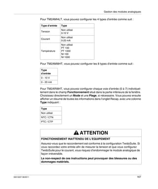 Gestion des modules analogiques

Pour TM2AMI4LT, vous pouvez configurer les 4 types d’entrée comme suit :
Type d’entrée

Type

Tension

Non utilisé
0-10 V

Courant

Non utilisé
0-20 mA

Température

Non utilisé
PT 100
PT 1000
NI 100
NI 1000

Pour TM2AMI8HT, vous pouvez configurer les 8 types d’entrée comme suit :
Type
d’entrée
0 - 10 V
0 - 20 mA

Pour TM2ARI8HT, vous pouvez configurer chaque voie d’entrée (0 à 7) individuellement dans le champ Fonctionnement situé dans la partie inférieure de la fenêtre.
Choisissez directement un Mode et une Plage, si nécessaire. Vous pouvez ensuite
afficher un résumé de toutes les informations dans l’onglet Recap, avec une colonne
Type indiquant :
Type
Non utilisé
NTC / CTN
PTC / CTP

ATTENTION
FONCTIONNEMENT INATTENDU DE L’EQUIPEMENT
Assurez-vous que le raccordement est conforme à la configuration TwidoSuite. Si
vous raccordez votre entrée afin de mesurer la tension et que vous configurez
TwidoSuite pour le courant, vous risquez d’endommager le module analogique de
façon irréversible.
Le non-respect de ces instructions peut provoquer des blessures ou des
dommages matériels.

35013227 06/2011

167

 