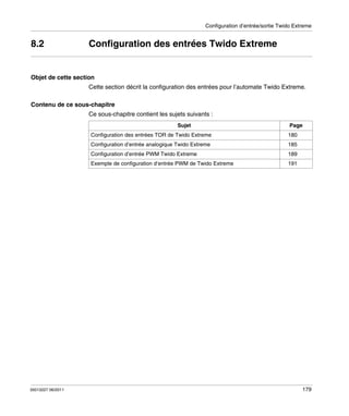 Configuration d’entrée/sortie Twido Extreme

8.2

Configuration des entrées Twido Extreme

Objet de cette section
Cette section décrit la configuration des entrées pour l’automate Twido Extreme.
Contenu de ce sous-chapitre
Ce sous-chapitre contient les sujets suivants :
Sujet

Page

Configuration des entrées TOR de Twido Extreme

180

Configuration d’entrée analogique Twido Extreme

185

Configuration d’entrée PWM Twido Extreme

35013227 06/2011

189

Exemple de configuration d’entrée PWM de Twido Extreme

191

179

 