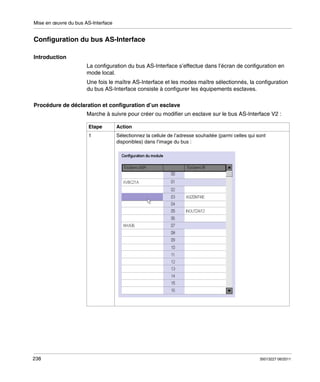 Mise en œuvre du bus AS-Interface

Configuration du bus AS-Interface
Introduction
La configuration du bus AS-Interface s’effectue dans l’écran de configuration en
mode local.
Une fois le maître AS-Interface et les modes maître sélectionnés, la configuration
du bus AS-Interface consiste à configurer les équipements esclaves.
Procédure de déclaration et configuration d’un esclave
Marche à suivre pour créer ou modifier un esclave sur le bus AS-Interface V2 :
Etape

238

Action

1

Sélectionnez la cellule de l’adresse souhaitée (parmi celles qui sont
disponibles) dans l’image du bus :

35013227 06/2011

 