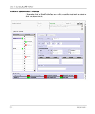 Mise en œuvre du bus AS-Interface

Illustration de la fenêtre AS-Interface
L’illustration de la fenêtre AS-Interface (en mode connecté uniquement) se présente
de la manière suivante :

244

35013227 06/2011

 