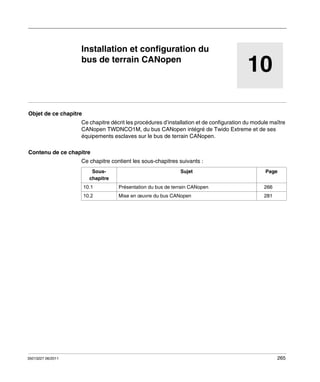 TwidoSuite V2.3
Installation et configuration du bus de terrain CANopen
35013227 06/2011

Installation et configuration du
bus de terrain CANopen

10

Objet de ce chapitre
Ce chapitre décrit les procédures d’installation et de configuration du module maître
CANopen TWDNCO1M, du bus CANopen intégré de Twido Extreme et de ses
équipements esclaves sur le bus de terrain CANopen.
Contenu de ce chapitre
Ce chapitre contient les sous-chapitres suivants :
Souschapitre

Sujet

Page

10.1

35013227 06/2011

Présentation du bus de terrain CANopen

266

10.2

Mise en œuvre du bus CANopen

281

265

 