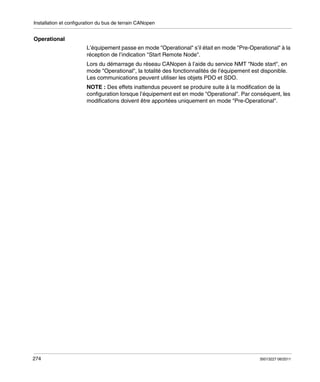 Installation et configuration du bus de terrain CANopen

Operational
L’équipement passe en mode "Operational" s’il était en mode "Pre-Operational" à la
réception de l’indication "Start Remote Node".
Lors du démarrage du réseau CANopen à l’aide du service NMT "Node start", en
mode "Operational", la totalité des fonctionnalités de l’équipement est disponible.
Les communications peuvent utiliser les objets PDO et SDO.
NOTE : Des effets inattendus peuvent se produire suite à la modification de la
configuration lorsque l’équipement est en mode "Operational". Par conséquent, les
modifications doivent être apportées uniquement en mode "Pre-Operational".

274

35013227 06/2011

 