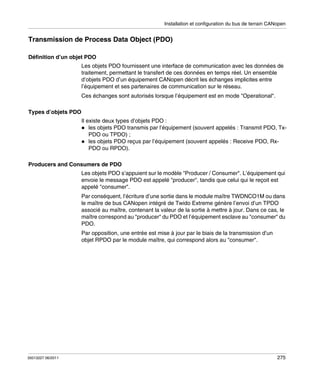 Installation et configuration du bus de terrain CANopen

Transmission de Process Data Object (PDO)
Définition d’un objet PDO
Les objets PDO fournissent une interface de communication avec les données de
traitement, permettant le transfert de ces données en temps réel. Un ensemble
d’objets PDO d’un équipement CANopen décrit les échanges implicites entre
l’équipement et ses partenaires de communication sur le réseau.
Ces échanges sont autorisés lorsque l’équipement est en mode "Operational".
Types d’objets PDO
Il existe deux types d’objets PDO :
les objets PDO transmis par l’équipement (souvent appelés : Transmit PDO, TxPDO ou TPDO) ;
les objets PDO reçus par l’équipement (souvent appelés : Receive PDO, RxPDO ou RPDO).
Producers and Consumers de PDO
Les objets PDO s’appuient sur le modèle "Producer / Consumer". L’équipement qui
envoie le message PDO est appelé "producer", tandis que celui qui le reçoit est
appelé "consumer".
Par conséquent, l’écriture d’une sortie dans le module maître TWDNCO1M ou dans
le maître de bus CANopen intégré de Twido Extreme génère l’envoi d’un TPDO
associé au maître, contenant la valeur de la sortie à mettre à jour. Dans ce cas, le
maître correspond au "producer" du PDO et l’équipement esclave au "consumer" du
PDO.
Par opposition, une entrée est mise à jour par le biais de la transmission d’un
objet RPDO par le module maître, qui correspond alors au "consumer".

35013227 06/2011

275

 