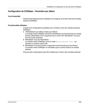 Installation et configuration du bus de terrain CANopen

Configuration de CANOpen - Paramètre par défaut
Vue d’ensemble
Cette fonctionnalité permet à l’utilisateur de configurer la remise à zéro des modules
esclaves CANOpen
Fonctionnalité utilisateur
Il existe trois configurations possibles pour remettre à zéro les modules esclaves
CANOpen :
Réinitialisation par défaut (Valeur par défaut) :
Le module maître CANOpen choisit la réinitialisation qui est transmise au module
esclave (Réinitialiser Com uniquement pour Lexium 05, Réinitialiser Tout pour
tous les autres esclaves).
Réinitialiser Tous les Paramètres :
Le module maître CANOpen force le mode Réinitialiser Tout sur
l’esclave (y compris Lexium 05).
Réinitialiser la Communication uniquement (recommandé pour les clients) :
Le module maître CANOpen ne réinitialise que la communication du module
esclave.
Chacune des configurations peut être utilisée pour chacun des modules esclaves.

35013227 06/2011

285

 