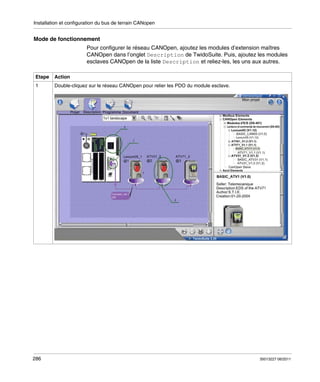 Installation et configuration du bus de terrain CANopen

Mode de fonctionnement
Pour configurer le réseau CANOpen, ajoutez les modules d’extension maîtres
CANOpen dans l’onglet Description de TwidoSuite. Puis, ajoutez les modules
esclaves CANOpen de la liste Description et reliez-les, les uns aux autres.
Etape

Action

1

Double-cliquez sur le réseau CANOpen pour relier les PDO du module esclave.

286

35013227 06/2011

 