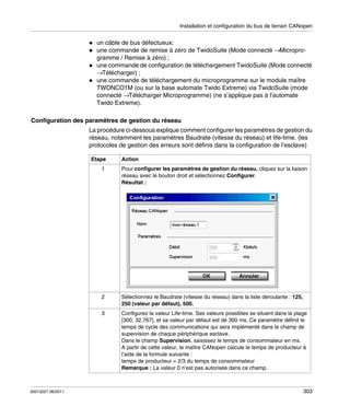 Installation et configuration du bus de terrain CANopen

un câble de bus défectueux;
une commande de remise à zéro de TwidoSuite (Mode connecté →Microprogramme / Remise à zéro) ;
une commande de configuration de téléchargement TwidoSuite (Mode connecté
→Télécharger) ;
une commande de téléchargement du microprogramme sur le module maître
TWDNCO1M (ou sur la base automate Twido Extreme) via TwidoSuite (mode
connecté →Télécharger Microprogramme) (ne s’applique pas à l’automate
Twido Extreme).
Configuration des paramètres de gestion du réseau
La procédure ci-dessous explique comment configurer les paramètres de gestion du
réseau, notamment les paramètres Baudrate (vitesse du réseau) et life-time. (les
protocoles de gestion des erreurs sont définis dans la configuration de l’esclave)
Etape

Action

1

2

Sélectionnez le Baudrate (vitesse du réseau) dans la liste déroulante : 125,
250 (valeur par défaut), 500.

3

35013227 06/2011

Pour configurer les paramètres de gestion du réseau, cliquez sur la liaison
réseau avec le bouton droit et sélectionnez Configurer.
Résultat :

Configurez la valeur Life-time. Ses valeurs possibles se situent dans la plage
[300, 32,767], et sa valeur par défaut est de 300 ms. Ce paramètre définit le
temps de cycle des communications qui sera implémenté dans le champ de
supervision de chaque périphérique esclave.
Dans le champ Supervision, saisissez le temps de consommateur en ms.
A partir de cette valeur, le maître CANopen calcule le temps de producteur à
l’aide de la formule suivante :
temps de producteur = 2/3 du temps de consommateur
Remarque : La valeur 0 n’est pas autorisée dans ce champ.

303

 