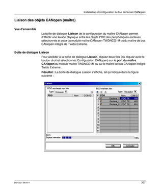 Installation et configuration du bus de terrain CANopen

Liaison des objets CANopen (maître)
Vue d’ensemble
La boîte de dialogue Liaison de la configuration du maître CANopen permet
d’établir une liaison physique entre les objets PDO des périphériques esclaves
sélectionnés et ceux du module maître CANopen TWDNCO1M ou du maître de bus
CANopen intégré de Twido Extreme.
Boîte de dialogue Liaison
Pour accéder à la boîte de dialogue Liaison, cliquez deux fois (ou cliquez avec le
bouton droit et sélectionnez Configuration CANopen) sur le port du maître
CANopen du module maître TWDNCO1M ou sur le maître de bus CANopen intégré
Twido Extreme .
Résultat : La boîte de dialogue Liaison s’affiche, tel qu’indiqué dans la figure
suivante :

35013227 06/2011

307

 