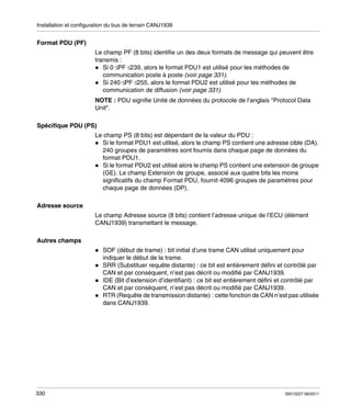 Installation et configuration du bus de terrain CANJ1939

Format PDU (PF)
Le champ PF (8 bits) identifie un des deux formats de message qui peuvent être
transmis :
Si 0 ≤PF ≤239, alors le format PDU1 est utilisé pour les méthodes de
communication poste à poste (voir page 331).
Si 240 ≤PF ≤255, alors le format PDU2 est utilisé pour les méthodes de
communication de diffusion (voir page 331).
NOTE : PDU signifie Unité de données du protocole de l’anglais "Protocol Data
Unit".
Spécifique PDU (PS)
Le champ PS (8 bits) est dépendant de la valeur du PDU :
Si le format PDU1 est utilisé, alors le champ PS contient une adresse cible (DA).
240 groupes de paramètres sont fournis dans chaque page de données du
format PDU1.
Si le format PDU2 est utilisé alors le champ PS contient une extension de groupe
(GE). Le champ Extension de groupe, associé aux quatre bits les moins
significatifs du champ Format PDU, fournit 4096 groupes de paramètres pour
chaque page de données (DP).
Adresse source
Le champ Adresse source (8 bits) contient l’adresse unique de l’ECU (élément
CANJ1939) transmettant le message.
Autres champs
SOF (début de trame) : bit initial d’une trame CAN utilisé uniquement pour
indiquer le début de la trame.
SRR (Substituer requête distante) : ce bit est entièrement défini et contrôlé par
CAN et par conséquent, n’est pas décrit ou modifié par CANJ1939.
IDE (Bit d’extension d’identifiant) : ce bit est entièrement défini et contrôlé par
CAN et par conséquent, n’est pas décrit ou modifié par CANJ1939.
RTR (Requête de transmission distante) : cette fonction de CAN n’est pas utilisée
dans CANJ1939.

330

35013227 06/2011

 