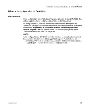Installation et configuration du bus de terrain CANJ1939

Méthode de configuration du CANJ1939
Vue d’ensemble
Cette section décrit la méthode de configuration générale du bus CANJ1939. Des
détails supplémentaires sont proposés dans les sections suivantes.
La configuration du CANJ1939 est réalisée dans la fenêtre Description de
TwidoSuite. Vous pouvez consulter les résultats de votre configuration à l’aide des
commandes Programme →Configurer le matériel, volet Configuration du
module, onglet CANJ1939 (reportez-vous à la section Affichage des objets
Transmettre/Recevoir CANJ1939, page 349).
NOTE :
1. La configuration du CANJ1939 peut être effectuée en mode local uniquement.
2. Aucune modification ne peut être apportée lorsque le Twido Extreme est
connecté au PC. Seuls le nom du réseau, les noms d’élément et la case à cocher
« Mode Expert » peuvent être modifiés en mode connecté.

35013227 06/2011

335

 